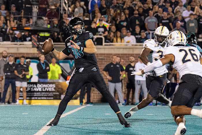 Conway, South Carolina, USA; Coastal Carolina Chanticleers quarterback Grayson McCall (10) in the first half against the Appalachian State Mountaineers at Brooks Stadium